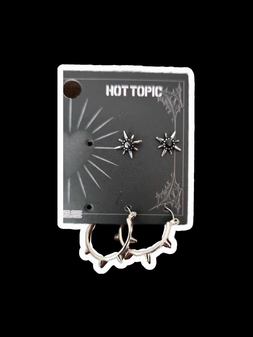 Hot Topic Silver Spiked Hoop and Starburst Stud Black Gem Earring Set